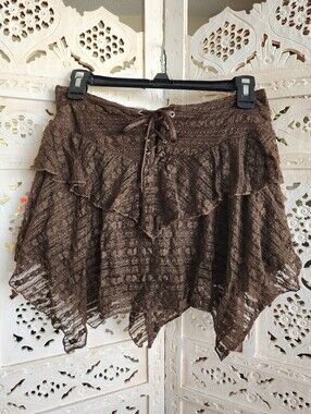 House Mini-skirt Skort- Womens Size XS- Lace, Corset Style, Asymmetrical, Brown